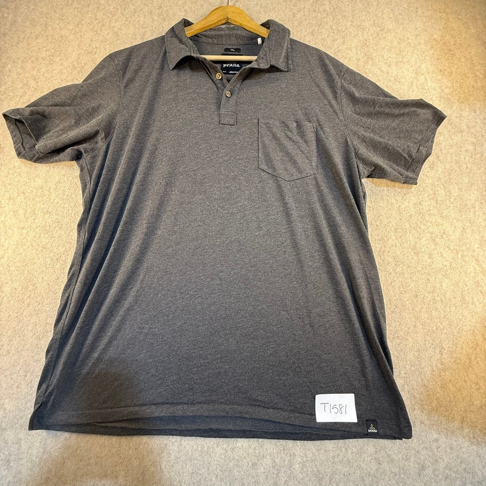 Prana Mens Polo Shirt Charcoal Gray Heather Short Sleeve Chest Pocket XLT Tall